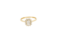 14KT Gold Ring Women's Flower White Rectangle Center CZ Stone with White CZ Stone Petal Borders and Plain Band