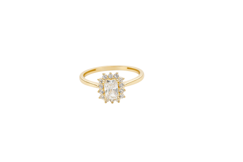 14KT Gold Ring Women's Flower White Rectangle Center CZ Stone with White CZ Stone Petal Borders and Plain Band