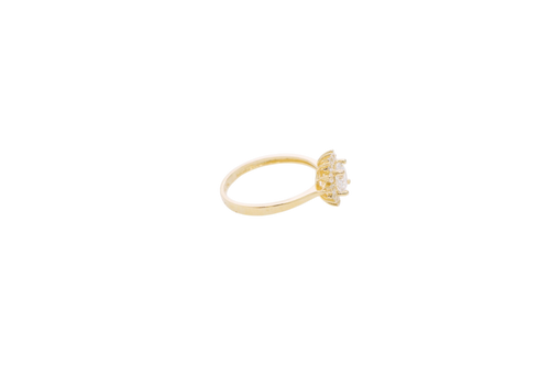 14KT Gold Ring Women's Flower White Round Center CZ Stone with White CZ Stone Petal Borders and Plain Band