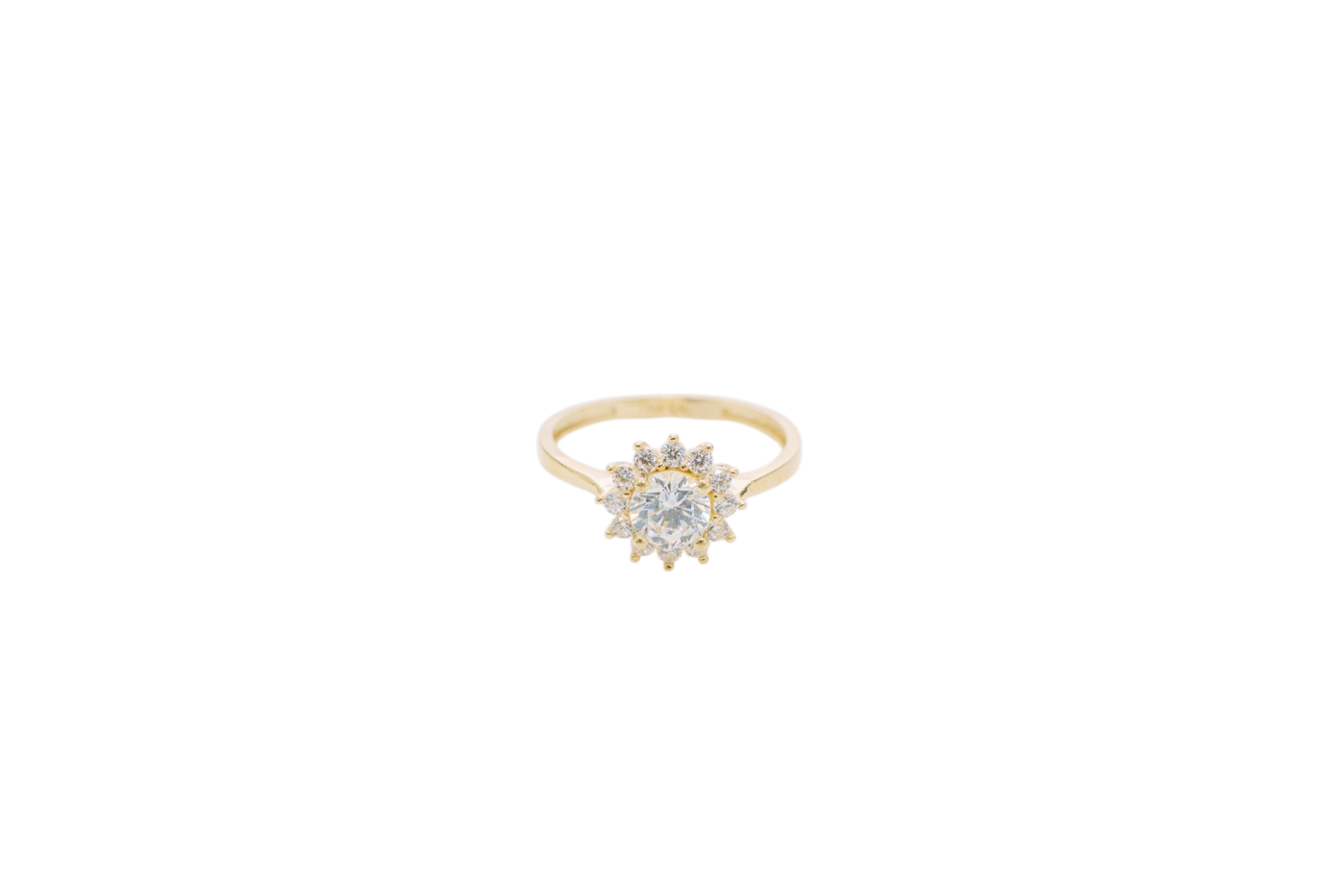 14KT Gold Ring Women's Flower White Round Center CZ Stone with White CZ Stone Petal Borders and Plain Band