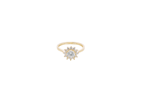 14KT Gold Ring Women's Flower White Round Center CZ Stone with White CZ Stone Petal Borders and Plain Band