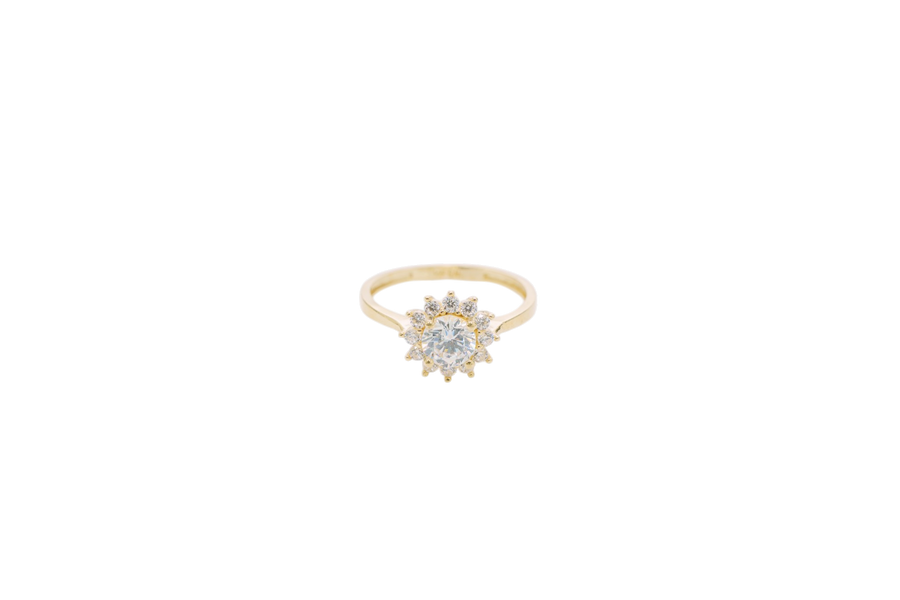 14KT Gold Ring Women's Flower White Round Center CZ Stone with White CZ Stone Petal Borders and Plain Band