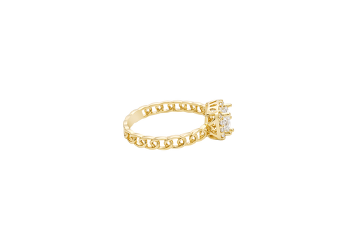 14KT Gold Ring Women's Square White Center Stone with White CZ Stone Border Chino Band