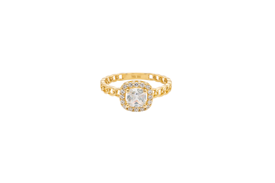 14KT Gold Ring Women's Square White Center Stone with White CZ Stone Border Chino Band