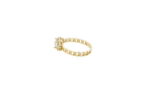 14KT Gold Ring Women's Square White Center Stone with White CZ Stone Border Chino Band