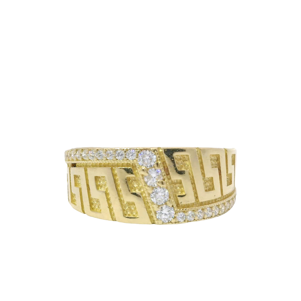 14KT Gold Ring Women's Jumbo Greek Center with White CZ Stone Lightning Bolt Across Center of Band