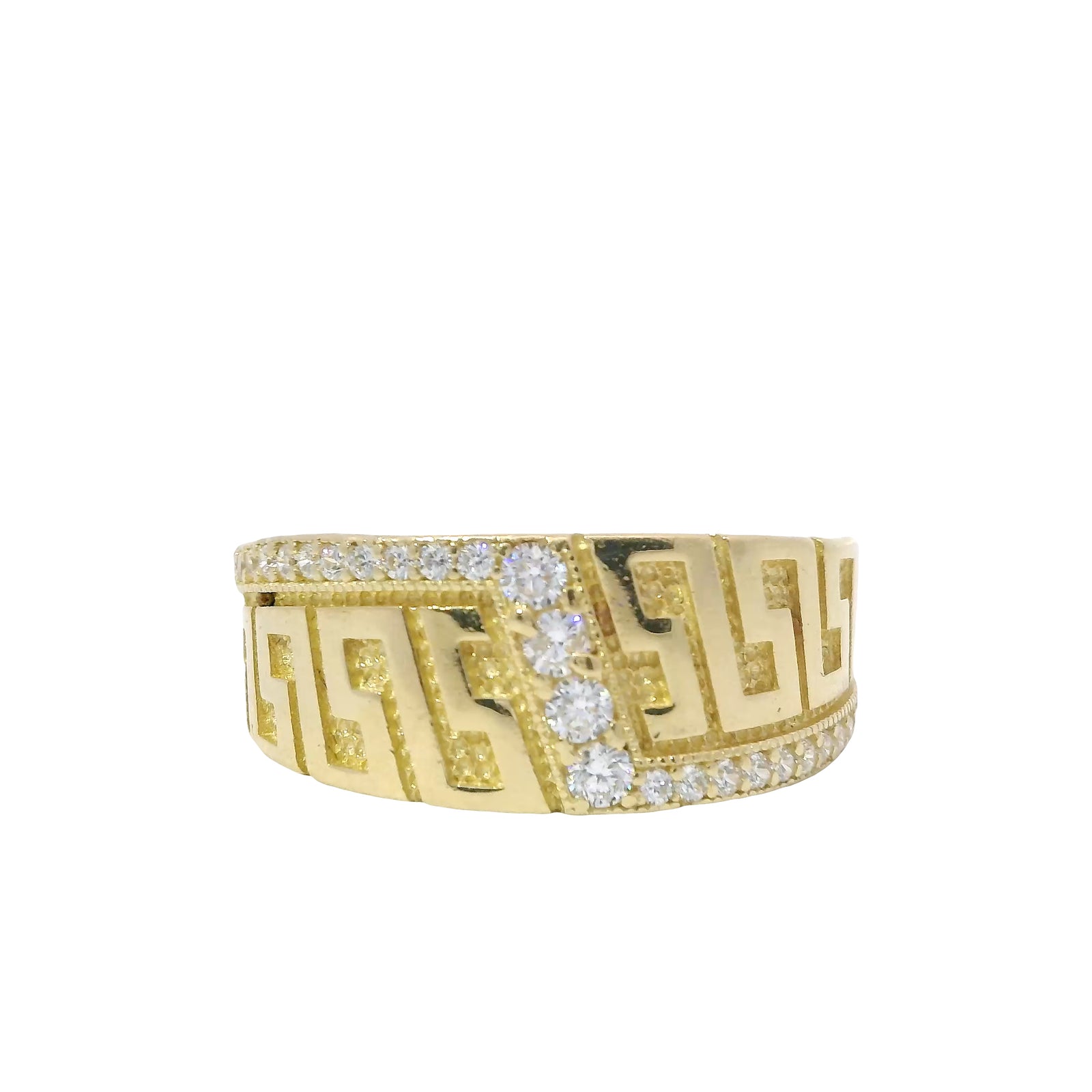 14KT Gold Ring Women's Jumbo Greek Center with White CZ Stone Lightning Bolt Across Center of Band