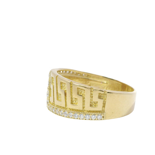 14KT Gold Ring Women's Jumbo Greek Center with White CZ Stone Lightning Bolt Across Center of Band