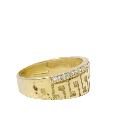 14KT Gold Ring Women's Jumbo Greek Center with White CZ Stone Lightning Bolt Across Center of Band