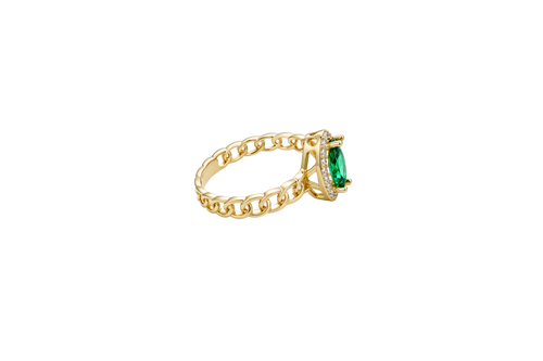 14KT Gold Ring Women's Green Marquise Center CZ White Round CZ Border Chino Band