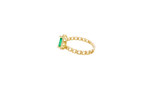 14KT Gold Ring Women's Green Marquise Center CZ White Round CZ Border Chino Band