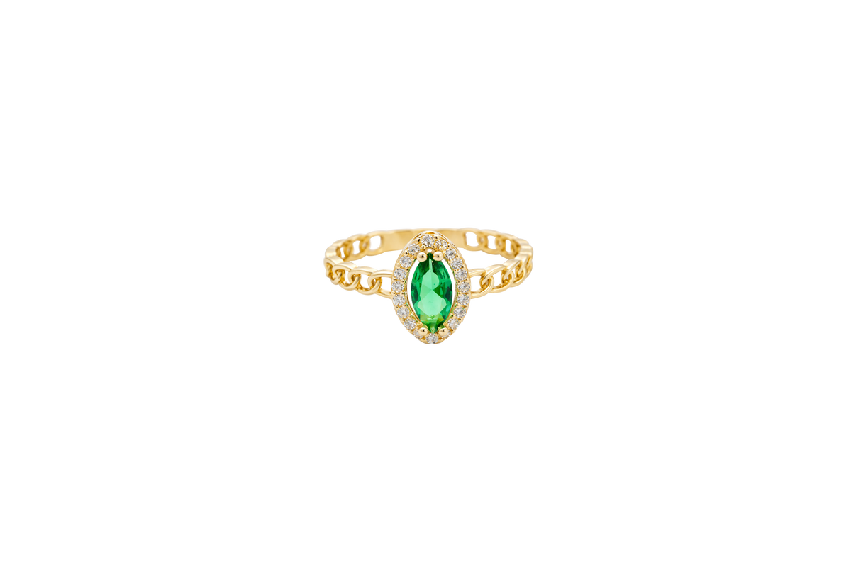 14KT Gold Ring Women's Green Marquise Center CZ White Round CZ Border Chino Band