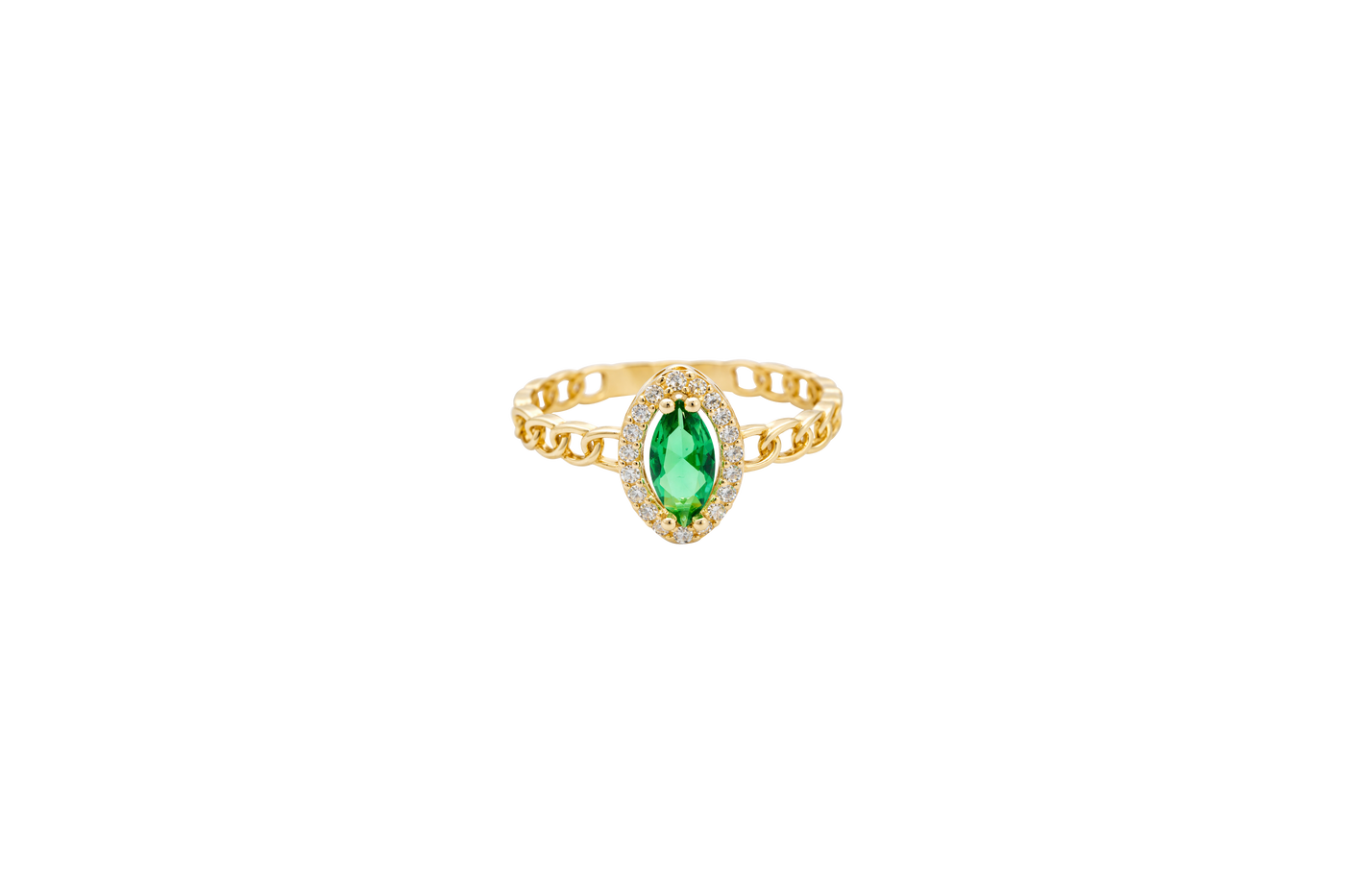 14KT Gold Ring Women's Green Marquise Center CZ White Round CZ Border Chino Band
