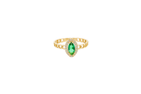 14KT Gold Ring Women's Green Marquise Center CZ White Round CZ Border Chino Band