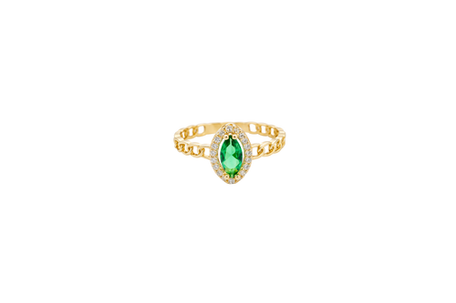 14KT Gold Ring Women's Green Marquise Center CZ White Round CZ Border Chino Band