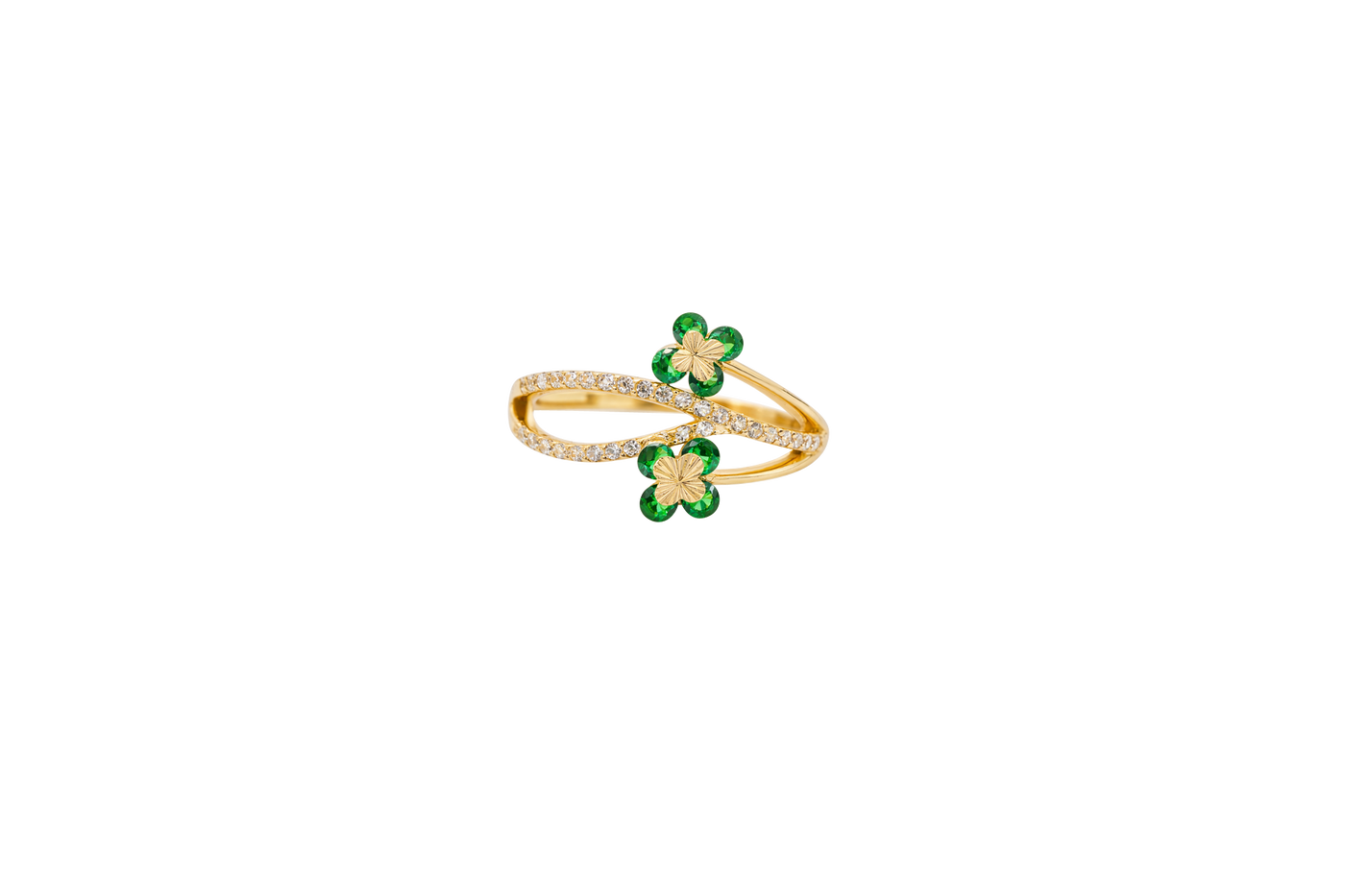 14KT Gold Women's Ring Green Round 4 Petal Flower White CZ Stones Split Band