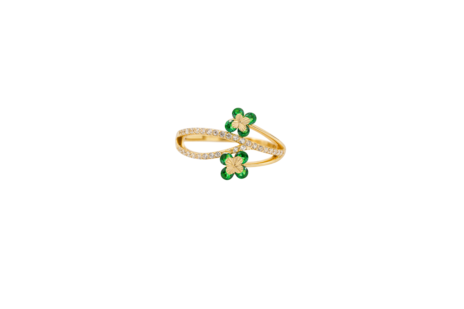 14KT Gold Women's Ring Green Round 4 Petal Flower White CZ Stones Split Band