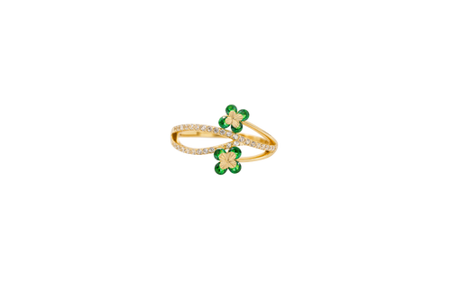 14KT Gold Women's Ring Green Round 4 Petal Flower White CZ Stones Split Band