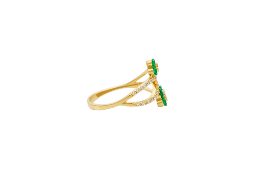 14KT Gold Women's Ring Green Round 4 Petal Flower White CZ Stones Split Band