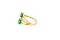 14KT Gold Women's Ring Green Round 4 Petal Flower White CZ Stones Split Band