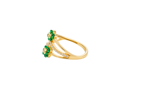 14KT Gold Women's Ring Green Round 4 Petal Flower White CZ Stones Split Band
