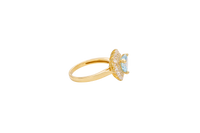 14KT Gold Ring Women's Heart Turquoise CZ Center with Round Double White CZ Stones Border and Plain Band
