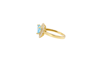 14KT Gold Ring Women's Heart Turquoise CZ Center with Round Double White CZ Stones Border and Plain Band