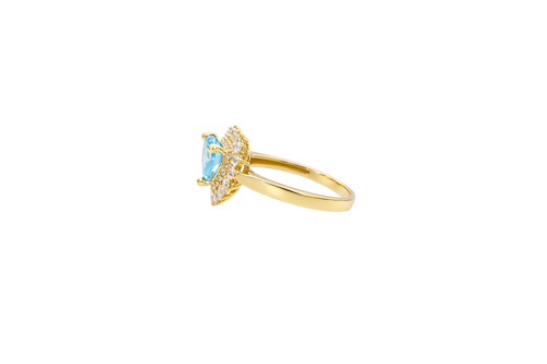 14KT Gold Ring Women's Heart Turquoise CZ Center with Round Double White CZ Stones Border and Plain Band