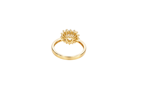 14KT Gold Ring Women's Heart Turquoise CZ Center with Round Double White CZ Stones Border and Plain Band