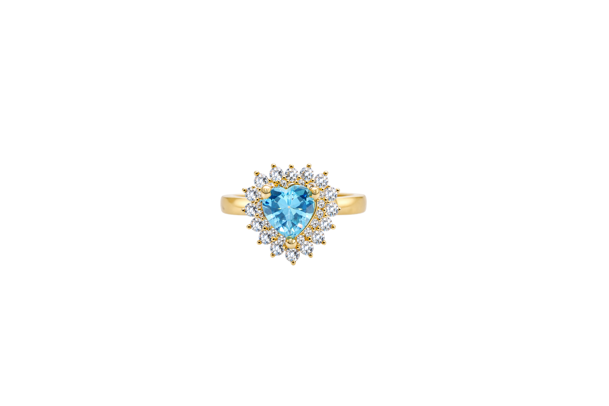 14KT Gold Ring Women's Heart Turquoise CZ Center with Round Double White CZ Stones Border and Plain Band
