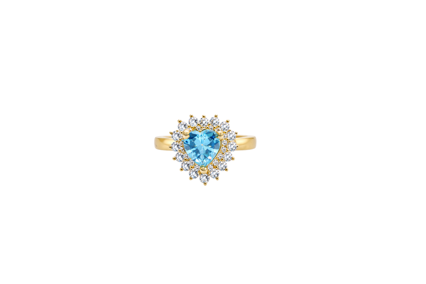 14KT Gold Ring Women's Heart Turquoise CZ Center with Round Double White CZ Stones Border and Plain Band