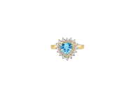 14KT Gold Ring Women's Heart Turquoise CZ Center with Round Double White CZ Stones Border and Plain Band