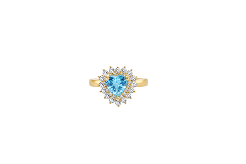 14KT Gold Ring Women's Heart Turquoise CZ Center with Round Double White CZ Stones Border and Plain Band