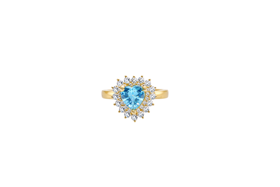 14KT Gold Ring Women's Heart Turquoise CZ Center with Round Double White CZ Stones Border and Plain Band