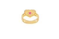 14KT Gold Ring Women's Heart Shape Red Center CZ Stone with White CZ Stone Background and Border Chino Link Band
