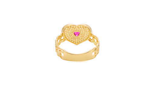 14KT Gold Ring Women's Heart Shape Red Center CZ Stone with White CZ Stone Background and Border Chino Link Band