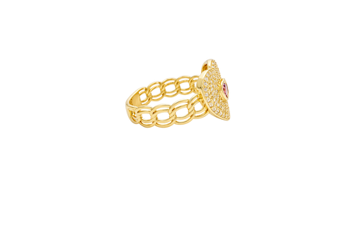 14KT Gold Ring Women's Heart Shape Red Center CZ Stone with White CZ Stone Background and Border Chino Link Band