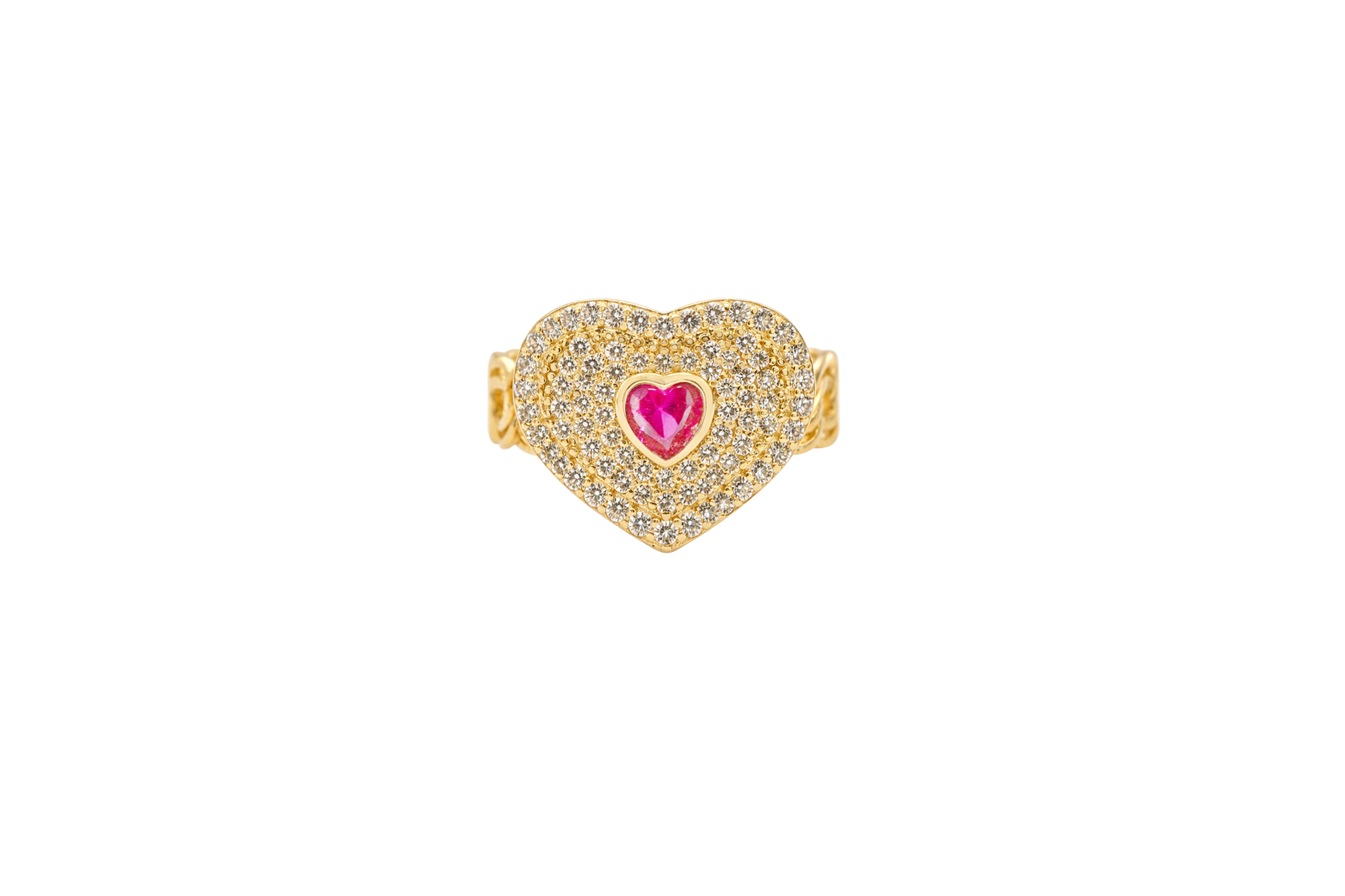 14KT Gold Ring Women's Heart Shape Red Center CZ Stone with White CZ Stone Background and Border Chino Link Band