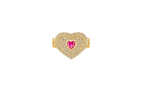 14KT Gold Ring Women's Heart Shape Red Center CZ Stone with White CZ Stone Background and Border Chino Link Band
