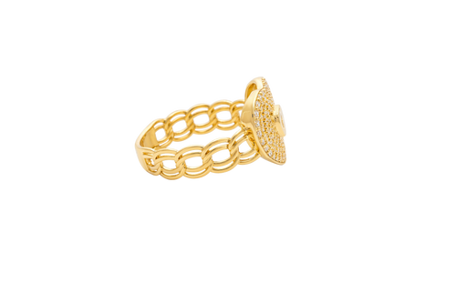 14KT Gold Ring Women's Heart Shape White Center CZ Stone with White CZ Stone Background and Border Chino Link Band