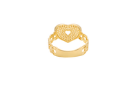 14KT Gold Ring Women's Heart Shape White Center CZ Stone with White CZ Stone Background and Border Chino Link Band