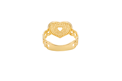 14KT Gold Ring Women's Heart Shape White Center CZ Stone with White CZ Stone Background and Border Chino Link Band