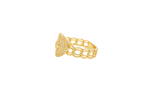 14KT Gold Ring Women's Heart Shape White Center CZ Stone with White CZ Stone Background and Border Chino Link Band