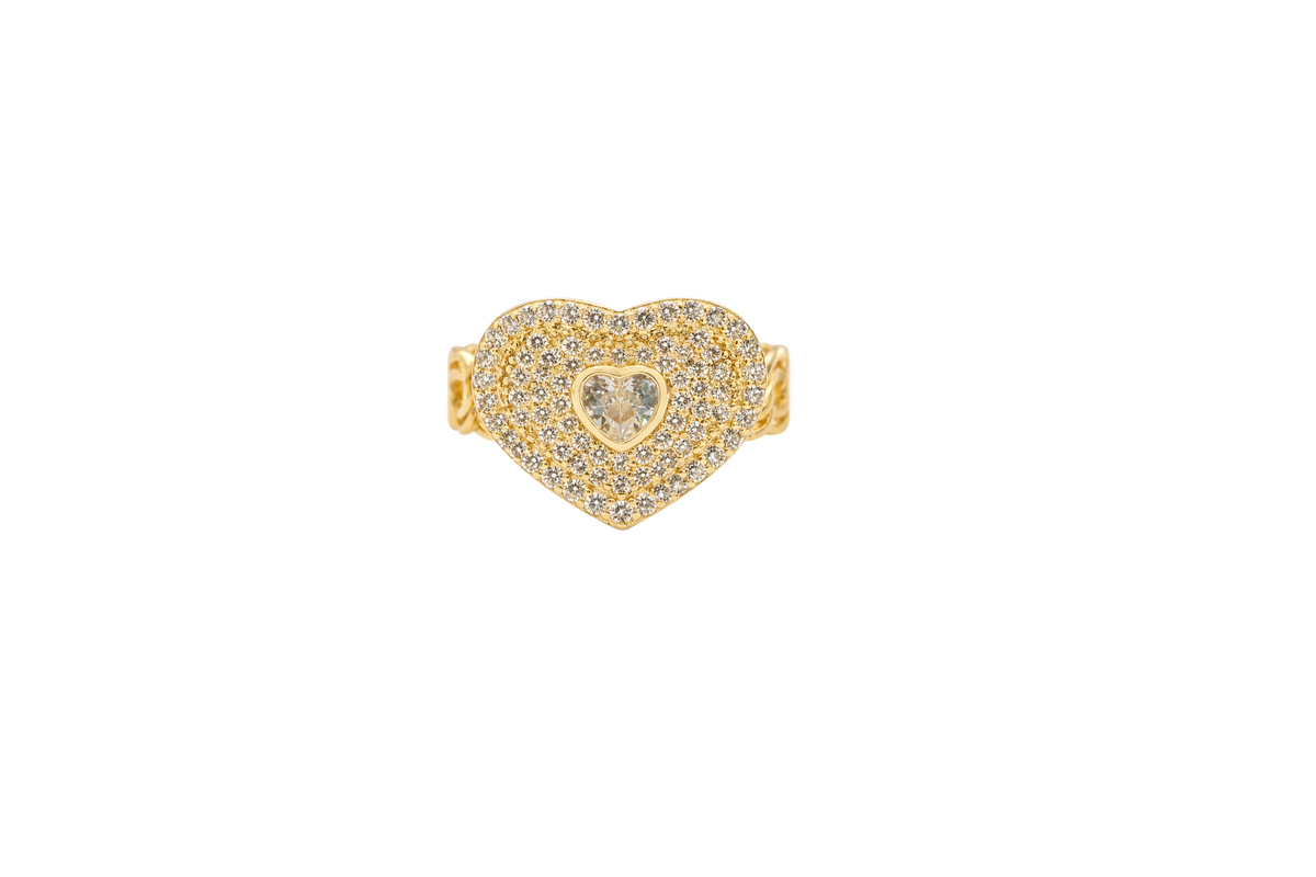 14KT Gold Ring Women's Heart Shape White Center CZ Stone with White CZ Stone Background and Border Chino Link Band