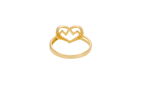 14KT Gold Ring Women's Heart Shape White CZ Stone Outline with Open Center and Pulse Zig Zag in Center Split Band Half Plain Half White CZ Stone