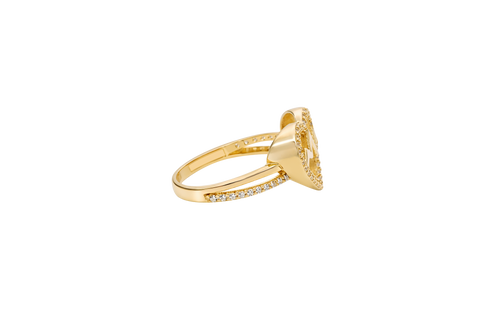 14KT Gold Ring Women's Heart Shape White CZ Stone Outline with Open Center and Pulse Zig Zag in Center Split Band Half Plain Half White CZ Stone