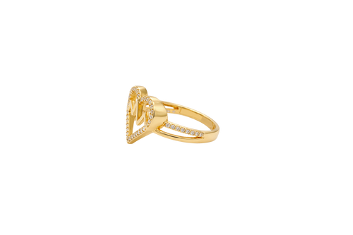 14KT Gold Ring Women's Heart Shape White CZ Stone Outline with Open Center and Pulse Zig Zag in Center Split Band Half Plain Half White CZ Stone