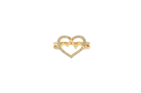 14KT Gold Ring Women's Heart Shape White CZ Stone Outline with Open Center and Pulse Zig Zag in Center Split Band Half Plain Half White CZ Stone