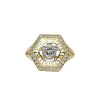 14KT Gold Ring Women's Two Tone Hexagon Medusa Head Greek Border Coin with White CZ Stone Background and Plain Band