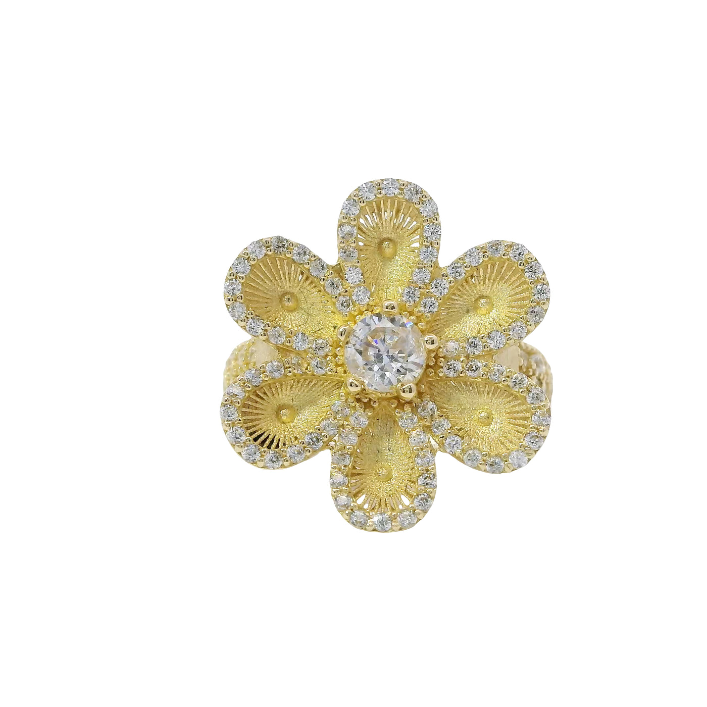 14KT Gold Ring Women's Hollow Six Petal Daisy Petals with White CZ Stone Center and Border